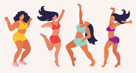 Young women dance. Black hair, purple, red, green and yellow underwear, naked legs. Four free beautiful girls have fun. happiness and freedom. Girl power. Hand drawn vctor illustration isolated on colored background.のイラスト素材