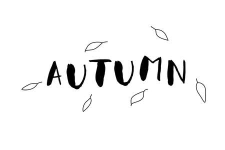 Simple hand drawn lettering Autumn with falling leaves. Letters are made with paint brush with thick stroke. Black and white vector illustration about cold time.のイラスト素材