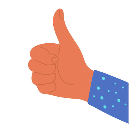 Flat style vector hand big thumb, gesture of human in blue jacket. Afro American dark skin color. Social network likes, approval, feedback concept. Isolated on white background.のイラスト素材