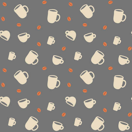Seamless pattern with coffee beans. roasted coffee is scattered at random. with  Beige cups. Best for wrapping paper and child design. Vector illustration on grey background.のイラスト素材