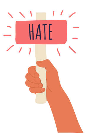 Cartoon vector illustration of Hate banner in human hand on white background. Test question. Choice hesitate, dispute, opposition, choice, dilemma, opponent view. Beige shaft and red paperのイラスト素材