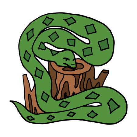 colored Hand drawn doodle snake on the wooden stump.のイラスト素材