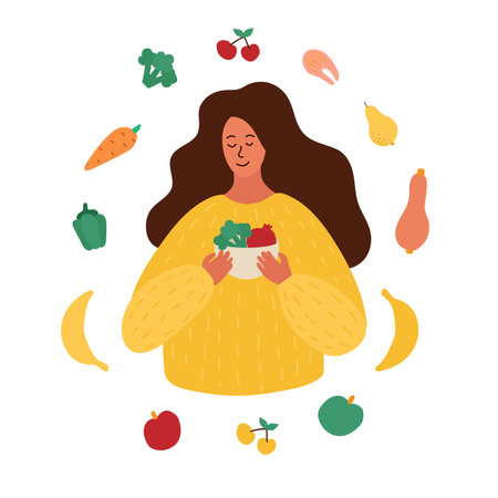 young woman holding a plate deep with vegetables in her hands. Vegetables are around. The concept of proper nutrition, diet, healthy lifestyle. Nutrition during pregnancy. Hand drawing vector illustrationのイラスト素材