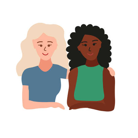 girlfriends. Two women with black and white skin hug each other. female friendship. Caucasian and african girls. Cartoon vector iilustration isolated on white background.のイラスト素材