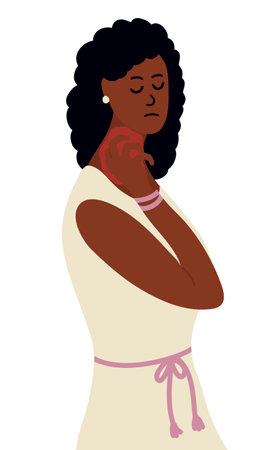 African woman is scratching her black skin on her neck or throat with nails. Eczema, allergies, atopic dermatitis, dry skin. Skin problems. Redness and itching. Cartoon Hand drawn vector illustrationのイラスト素材