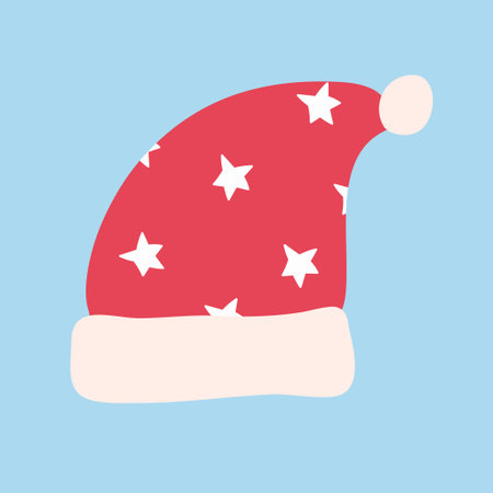 Traditional red Santa Hat. Funny holiday clothes with cute white starry print. Traditional element isolated on blue backgroundのイラスト素材