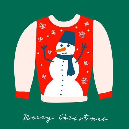 traditional ugly Christmas sweater with snowman. Funny holiday clothes with cute print. Red body and beige sleeves. white collar and red cuffs. knitted clothes isolated on white background.のイラスト素材