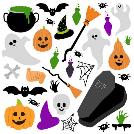 Cute Halloween set with scarry day symbols. Funny cartoon Ghost, pumpkin, poison bottle, jaws, witch hat are on white backgroundのイラスト素材