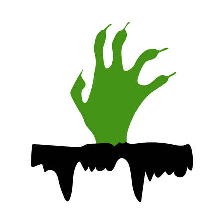 the green hand of the dead man emerges from the black earth. Sharp claws reach up. Halloween scary illustration. cartoon Vector isolated on white backgroundのイラスト素材
