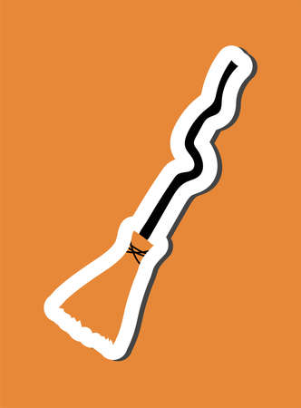 Cute Halloween sticker of scarry day symbol. Funny cartoon witch s broom with a crooked wooden handle. Element of Halloween. Color vector illustration isolated on orange background. Thick white stroke and black shadowのイラスト素材