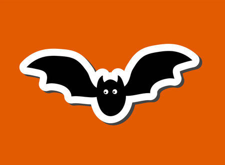 Cute Halloween sticker of scarry day symbols. Funny cartoon black bat is on orange background. Thick...