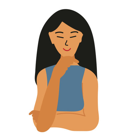 Asian girl with olivaceous skin smiles. Her Palm is on the chin. She thinks, dreams or plans. pleasure, joy. Long hair, Blue wear. Cartoon vector illustration isolated on white.のイラスト素材