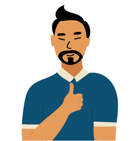 young asian man showing thumb up. Cheerful optimist. Slanted eyes, black hair, yellow skin. Chinese, Japanese, Korean. Cartoon hand drawing illustration vector.のイラスト素材