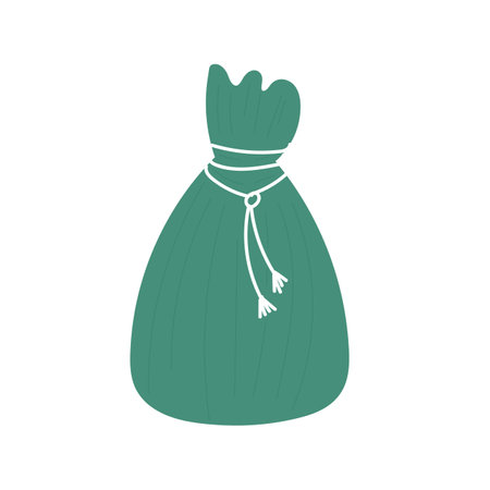 Christmas gift with bright white decorations. Santa bag Funny green present with a surprise inside. Cartoon vector illustration isolated on a white background.のイラスト素材