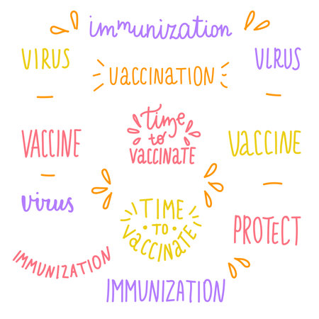 Lettering about vaccination, protection, immunization and self care. Colored funny letters on white background.のイラスト素材