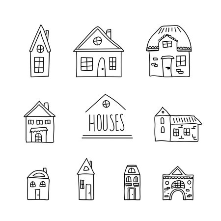 Hand drawn set of doodle houses. Thin black line. Different windows, doors and roofs. Vector illustration isolated on white.のイラスト素材