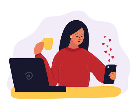 young woman sits with laptop and smartphone. Blogging, remote work. Social network. Communication in social media. Cartoon vector illustrationのイラスト素材