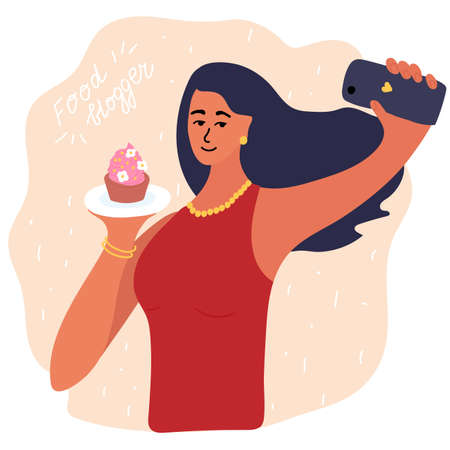food blogger making photo selfie with cupcake for blog or vlog review. Cute brunette girl with smartphone camera. Golden earrings, beads, bracelet. Social media Vector cartoon illustrationのイラスト素材