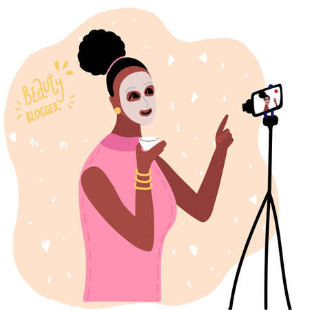 African black woman beauty blogger apply mask cream on face. makeup tutorials. Creating content and posting it on social media. online channel concept, female video streamer cartoon vector illustration.のイラスト素材