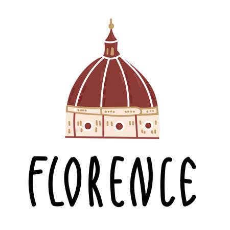 Cartoon Santa Maria del Fiore in Italy on white background with hand drawn lettering Florence. Vector illustration, flat designのイラスト素材