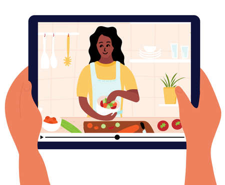 Food blogger is on laptop display. Culinary video broadcast or channel  with cooking online class. Young woman preparing salad in kitchen. Hand holding digital tablet. Healthy food at home. Vector illustrationのイラスト素材