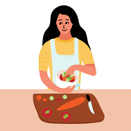 Woman with cutting board isolated. Female chef make salad. Cook healthy food at home. homemade meals. Vector illustrationのイラスト素材