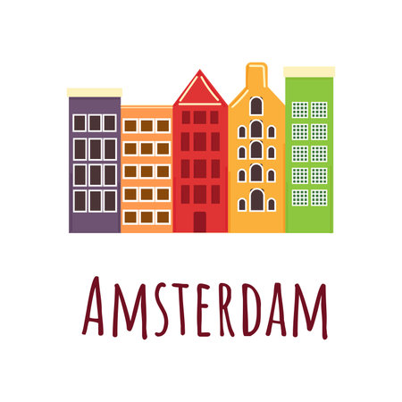 typical Amsterdam buildings colored with bright colors. Vector illustration in a flat style isolated on white backgroundのイラスト素材