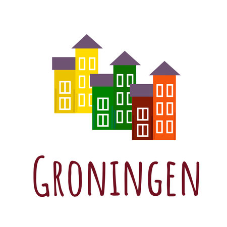 Groningen houses near Marina. Colored small buildings with lettering with the name of city. Cartoon vector illustrationのイラスト素材