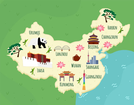 Cartoon map of China. Travel illustration with Chinese landmarks, buildings, food and plants. Funny tourist infographics. National symbols. Famous attractions. Vector illustrationのイラスト素材