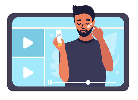 Laptop. young man Beauty blogger showing trend makeup tutorial with face cream. creating content and posting on social media. Vector flat.のイラスト素材