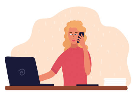Blonde woman works with laptop and talks on the phone. Concept remote work, freelance, business. Vector illustration isolated on white backgroundのイラスト素材