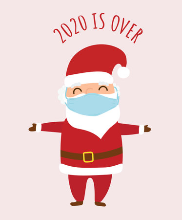 Joyful Santa Claus with a medical mask on his face smiles. Hands to the side. Red suit, gray hair and eyebrows. 2020 is over. cartoon vector illustrationのイラスト素材