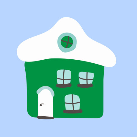 Christmas cartoon green house with snow on the roof and blue windows. Vector flat illustration isolated on blue backgroundのイラスト素材