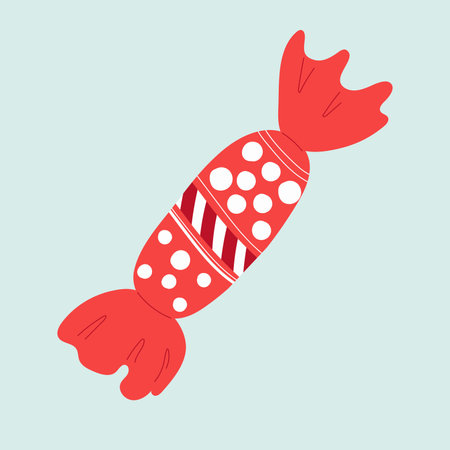 Christmas cartoon candy with striped decorations. Vector flat illustration isolated on blue background.のイラスト素材