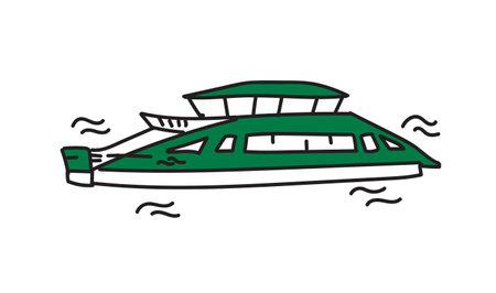 Hand drawn boat in doodle style. Black stroke and green elements. Simple vector illustration isolated on white backgroundのイラスト素材
