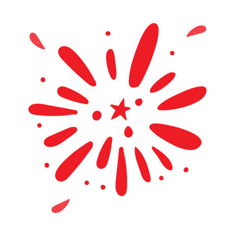Red Hand drawn colored firework doodle with star in the centre. Vintage Sunburst. Vector illustration isolated on white backgroundのイラスト素材