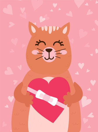 Valentines day card with cute funny cat holds heart shaped box with bow. Hand drawn vector illustration. Scandinavian style flat design. Concept holiday printのイラスト素材