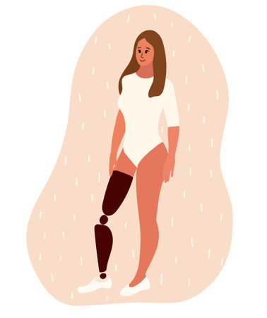 Young woman with artificial leg stands smiling. Cartoon vector illustration of disabled female with leg prosthesis. Inclusion concept.のイラスト素材