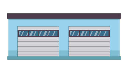 Car service and repair building with two closed gray garages. auto mechanic workshop blue roof. Vector illustration isolated on white.のイラスト素材