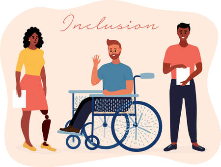 Inclusion. Inclusive taem of afro american disabled woman with artificial leg, caucasian man on wheelchair and Indian male. Office life. Diversity collective. Vectorのイラスト素材