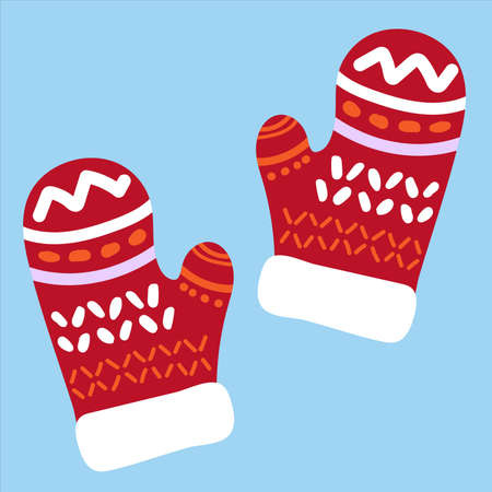 Christmas cartoon colored mittens with decorations. Vector flat illustration isolated on blue backgroundのイラスト素材