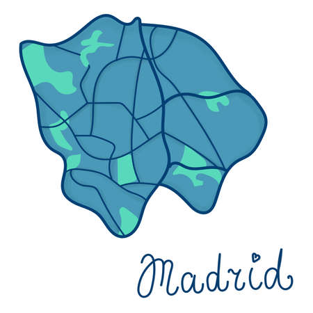 Cartoon colored flat map of the center of Madrid. Funny cute European Spanish city map. Vector illustration.のイラスト素材