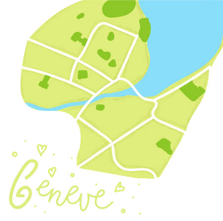 Cartoon colored flat map of the center of Geneve. the land is green. White mail streets. Funny cute European Switzerland city map. Vector illustration.のイラスト素材
