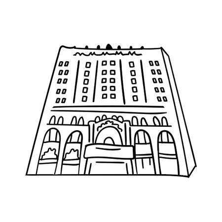 Doodle hand drawn sketch of modern high building with windows. Black outline. Vector illustration isolated on white background.のイラスト素材