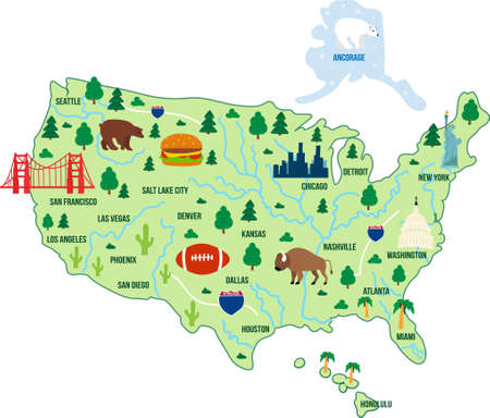 Hand drawnd doodle USA map flat cartoon style. Big cities, famous landmarks, animals, national symbols. Intersatates, bear, Statue of Liberty, Golden bridge. Vector illustration.のイラスト素材