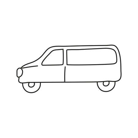 Hand drawn doodle car for coloring children book. Simple line, 2 - 4 age group. Big mashines, lorry, havy vehicle transport. Vector illustration isolated on white background.のイラスト素材