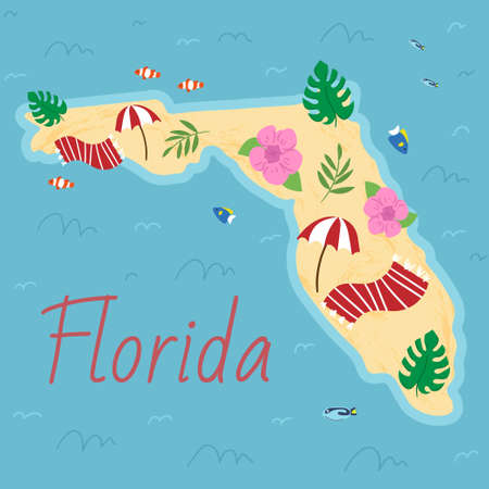 Simple border map of Florida - sothern state on USA. Some beach umbrellas and towels, fish, flowers, tropical leaves. Land with textured background and orange letteringのイラスト素材