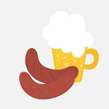 Funny hand drawn set of beer mug and two sausages. Simple playful funne art of german national cuisine. Vector illustrationのイラスト素材