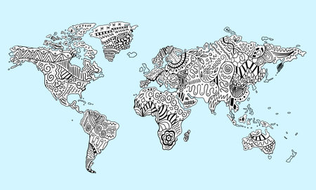 Hand drawn doodle map with ornament, pattern or free hand lines. Abstract world map. Vector illustrationのイラスト素材