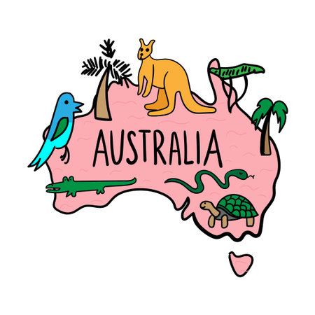 Hand drawn doodle Australia map. National symbols, animals, trees. nature, weather, sightseeing infographic. Vector illustrationのイラスト素材